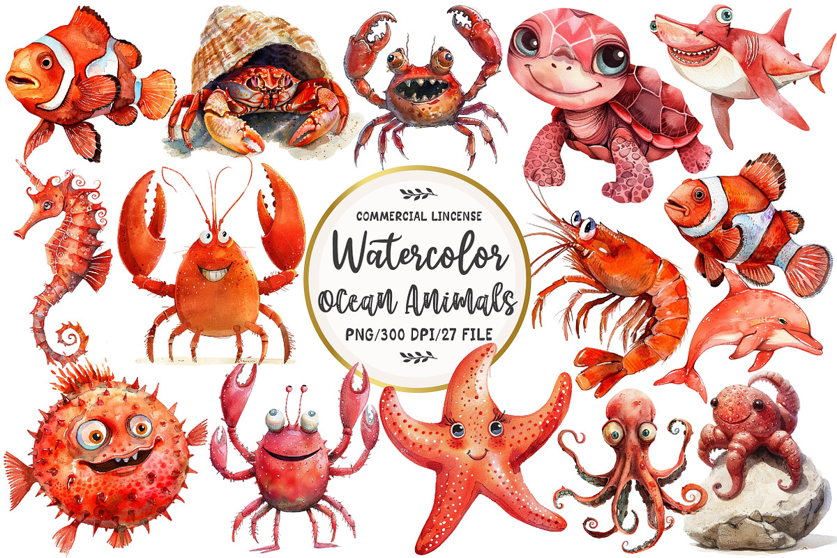 Red Ocean Animals Clipart, an Illustration by OK Design (Photo 1 of 5)
