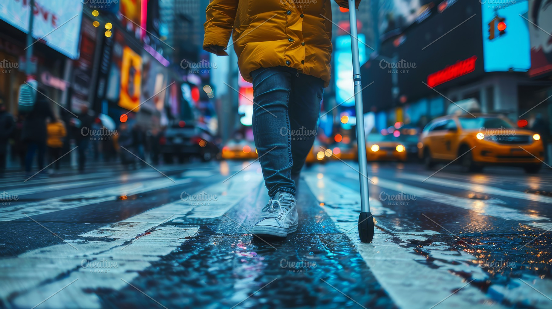 Midsection of a Young Blind Man with White Cane Navigating Urban Crosswalk, a Photo by AS photostudio