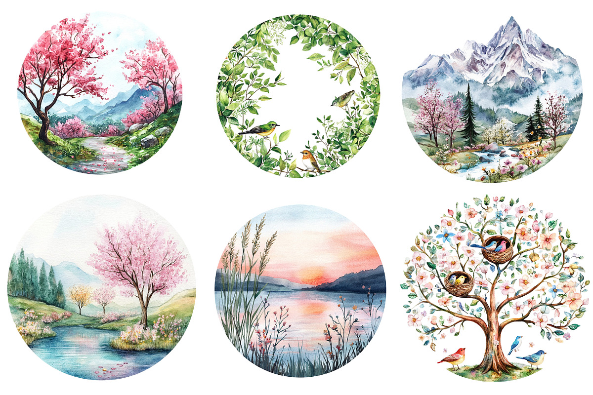 Watercolor Spring Landscapes Round, an Illustration by CreationArt (Photo 3 of 5)