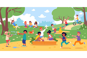 Happy children in summer park. Kids, an Illustration by YummyBuum