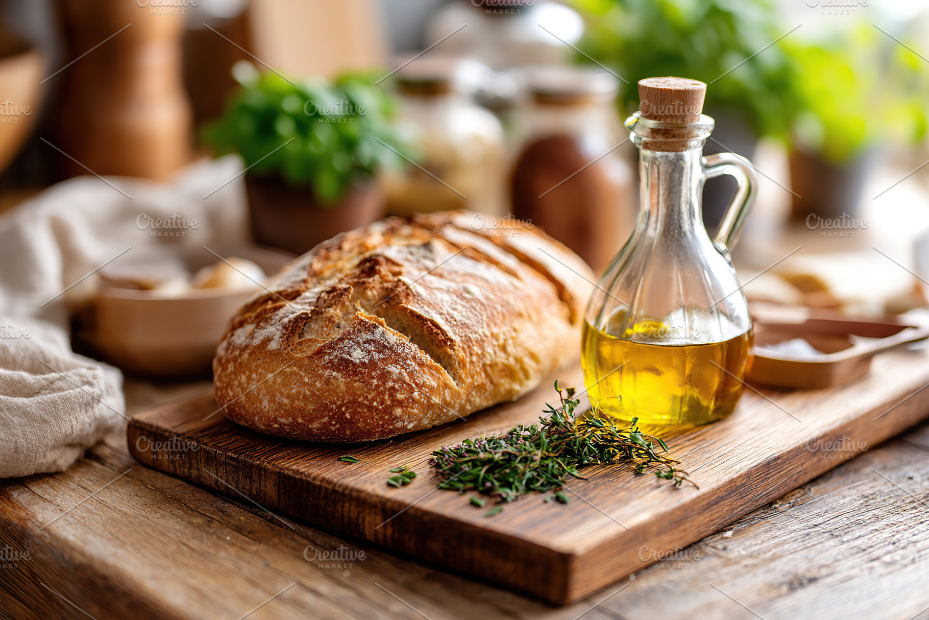Freshly baked bread with olive oil and herbs on a rustic wooden cutting board i, a Food & Drink Photo by AlyaAnd