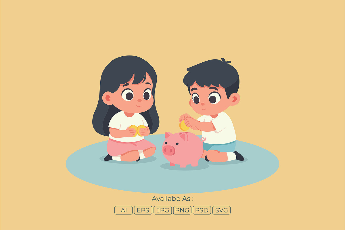 Kids Saving Coin Piggy Bank Flat, a Person Illustration by Partikusi Design (Photo 2 of 3)