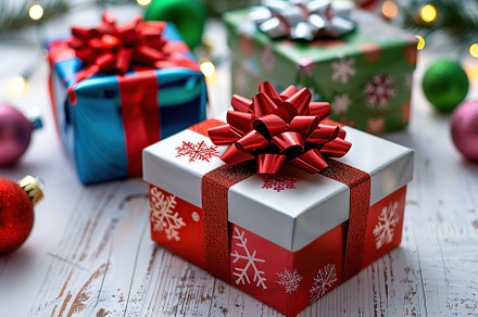 Colorful christmas gift boxes with ribbon bows, a Holiday Photo by AlyaAnd