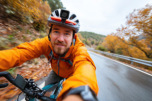 Cyclist with helmet-mounted action cam rides along a winding road in autumn fol, a Photo by AlyaAnd