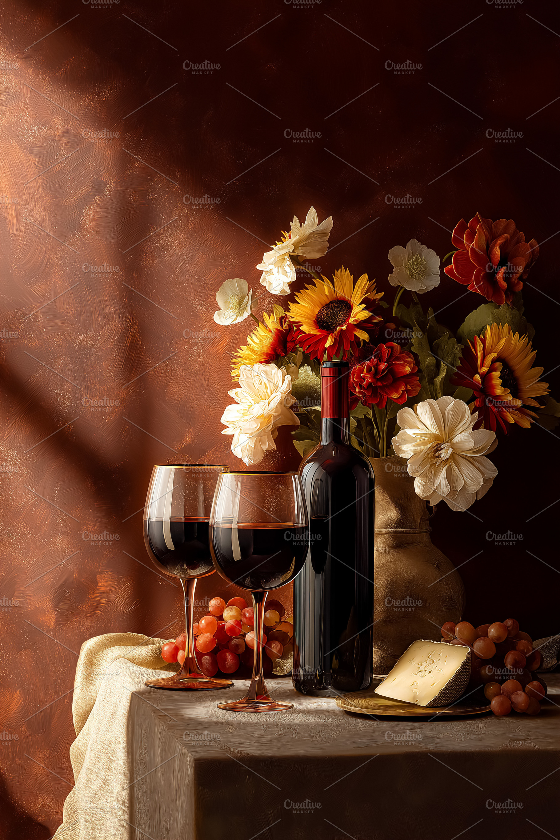 Still life featuring red wine glasses, a bottle, grapes, and cheese on a table,, a Food & Drink Photo by Studio ANNA