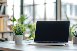 Close up view of a laptop on a woode, a Photo by Pavel_design