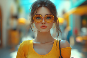 Young woman in stylish yellow outfit, a Photo by Tanuart