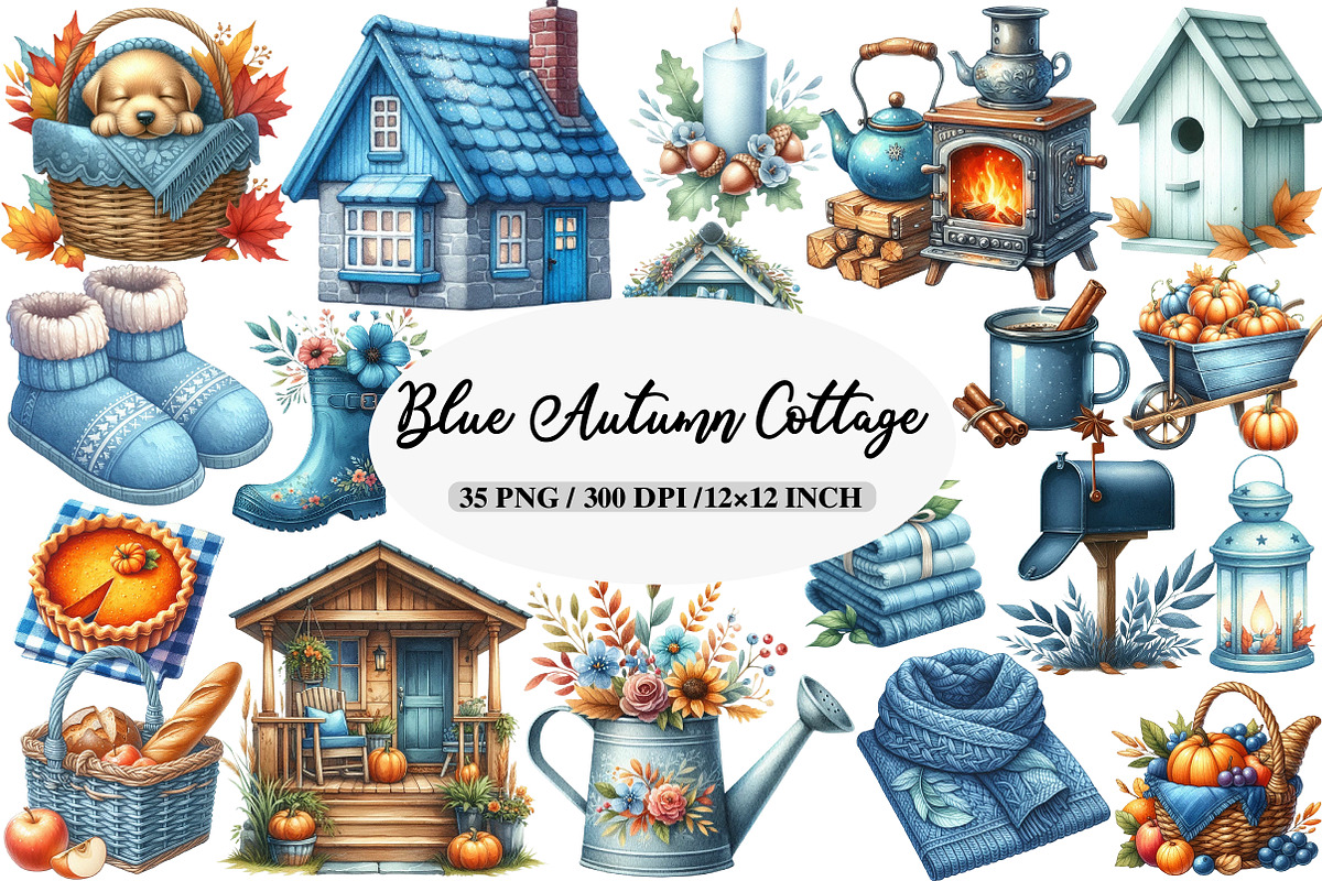 Blue Autumn Cottage Clipart, an Illustration by Daily.Designs (Photo 1 of 5)