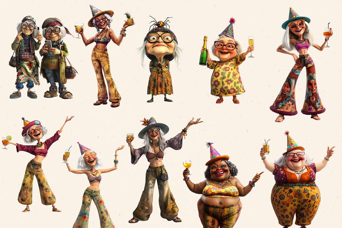 HIPPIE OLD LADY NANA CLIPART PACK, a Person Illustration by Daring Digies (Photo 2 of 9)