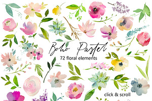 Boho Pastel Watercolor Flowers Set