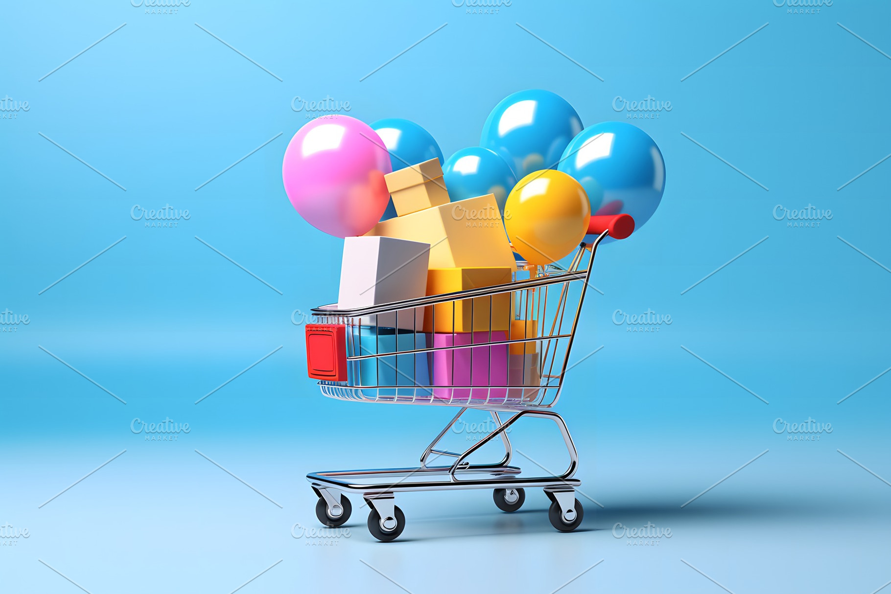 Shopping cart or basket on blue background with colorful wrapped gift boxes, a Holiday Photo by Lenor4ik