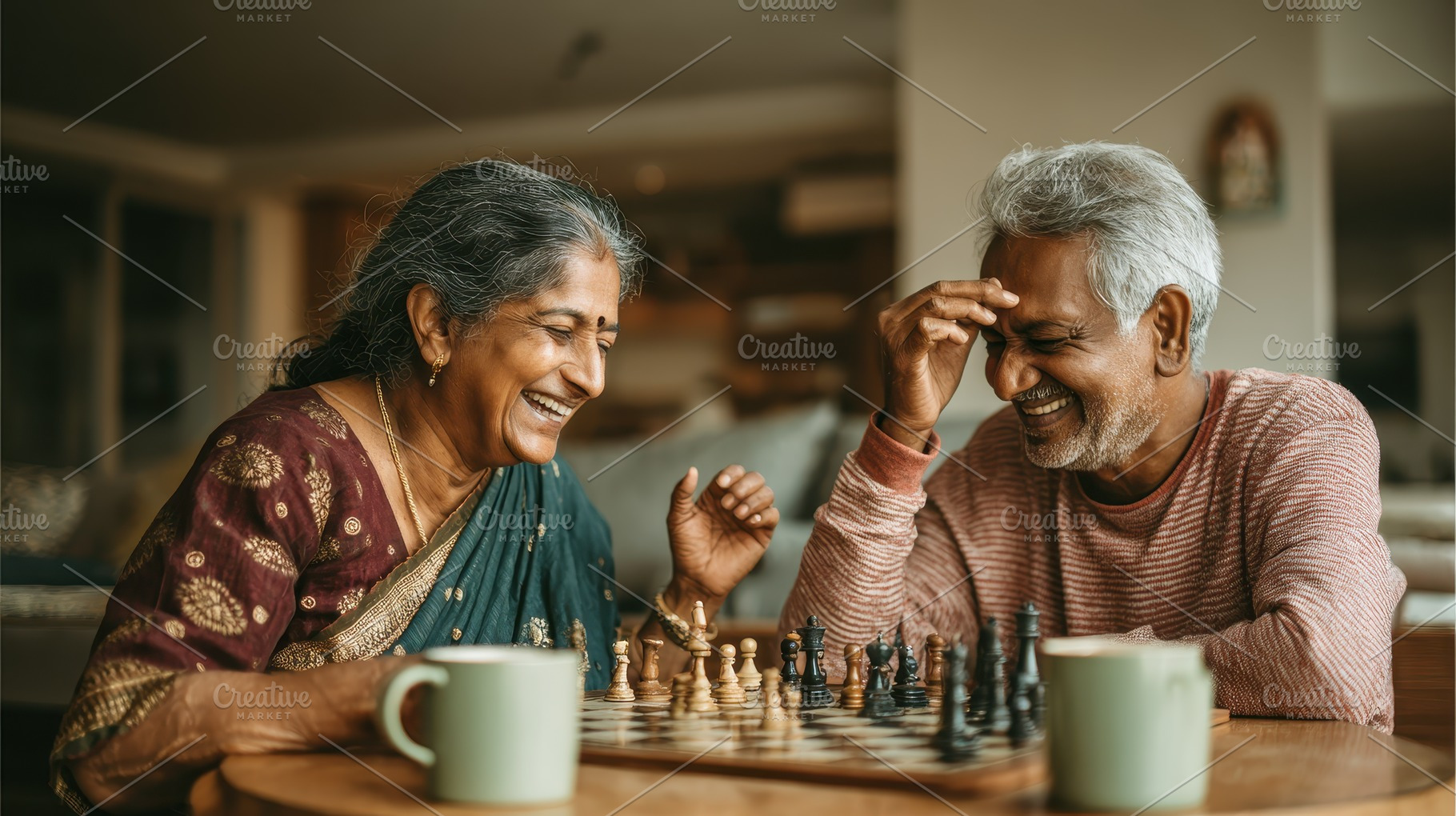 Happy senior couple playing chess at, a Photo by Pixeness Studio