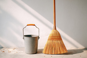 Handmade broom and metal bucket ready for sweeping tasks in a clean workspace, a Photo by AlyaAnd