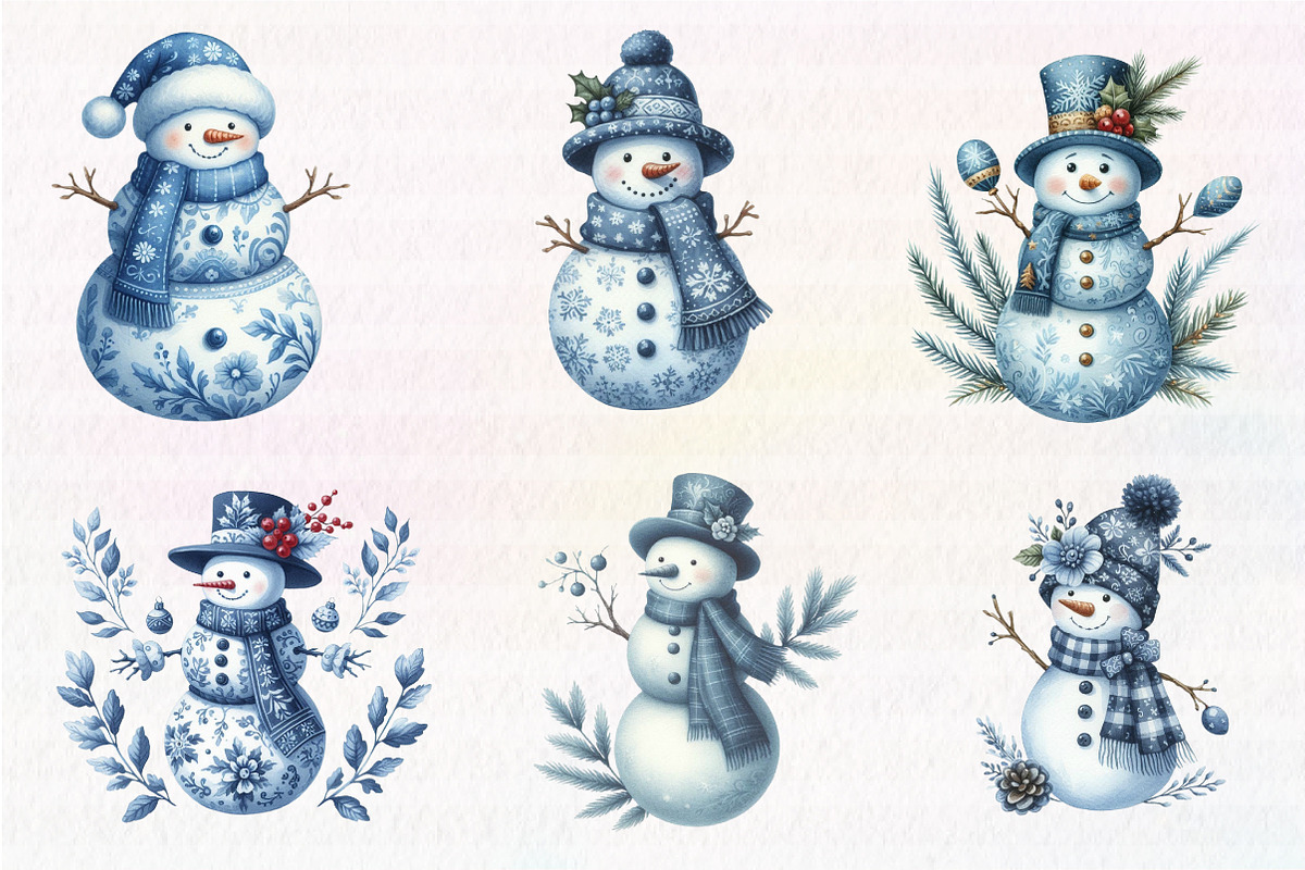 Christmas Blue Toile Snowman Clipart, an Illustration by CreationArt (Photo 6 of 6)