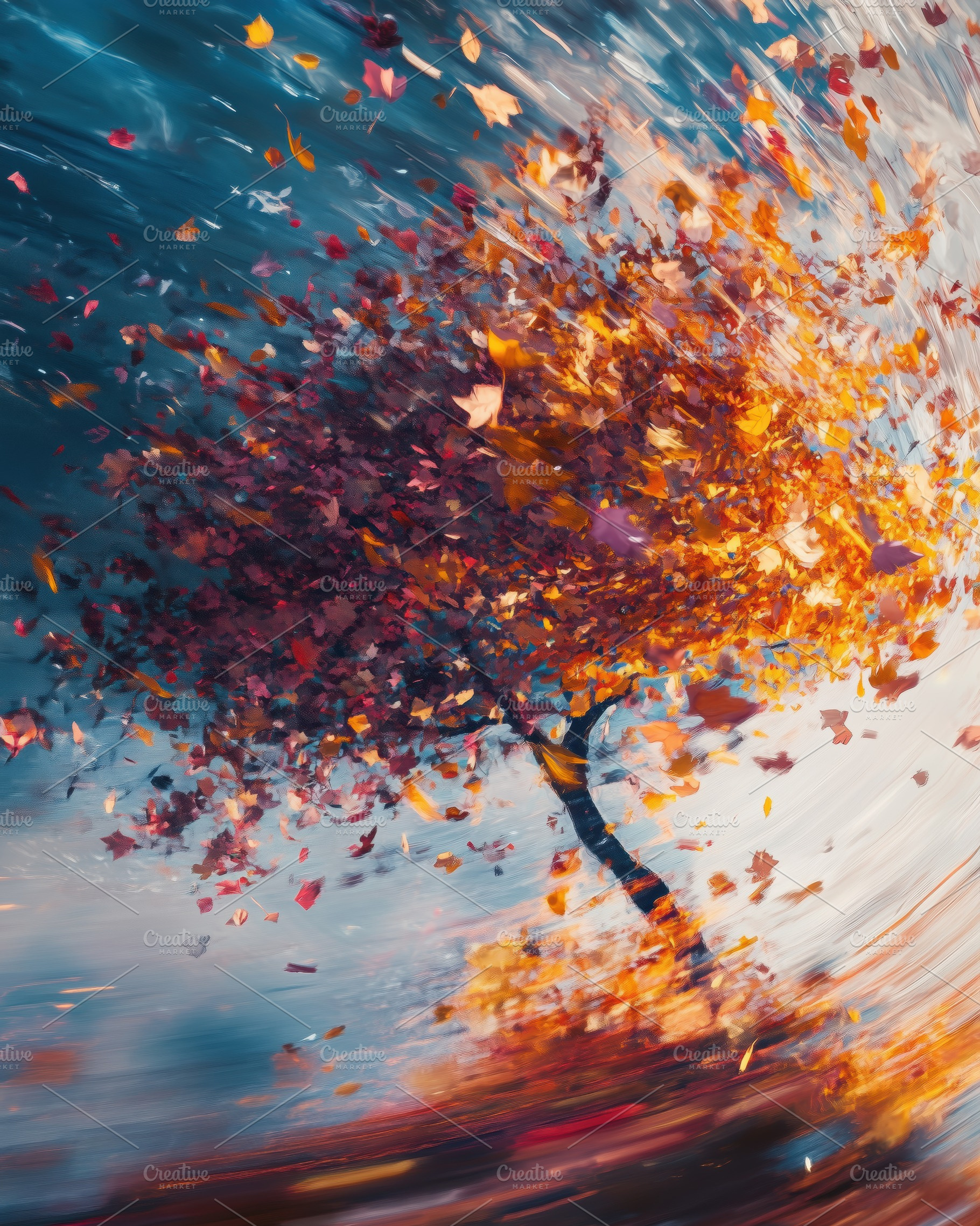 A swirling tree with vibrant autumn leaves in motion, creating a dynamic and ab, a Photo by Textures & Backgrounds