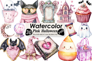 Watercolor Pink Halloween Clipart, an Illustration by Black Bird Studio