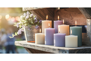 Colorful scented candles on a wooden, an Illustration by tilialucida