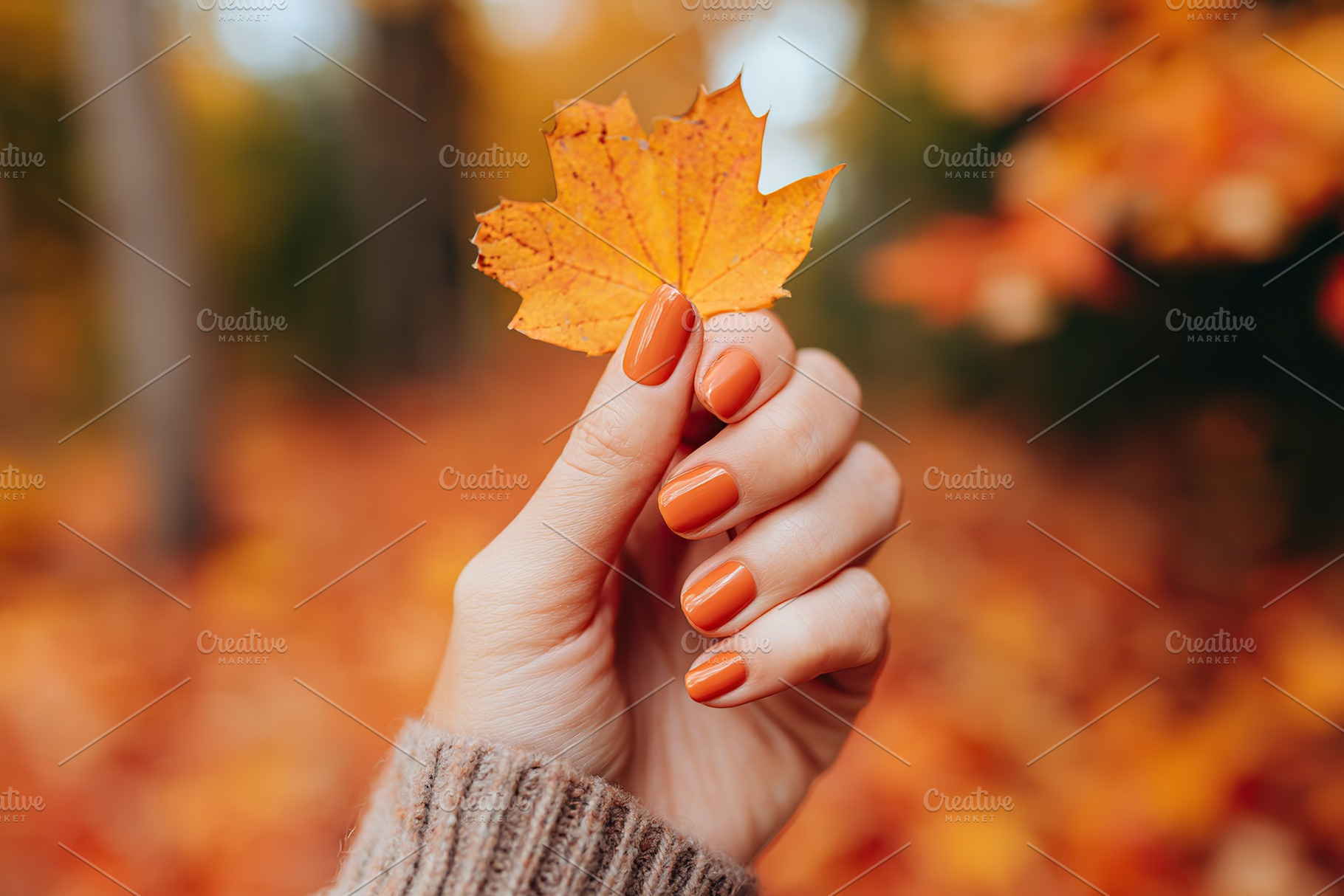 Female hand holding an orange maple leaf during autumn in a forest setting, a Beauty & Fashion Photo by AlyaAnd