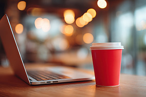 Laptop and red coffee cup on a wooden table, a Food & Drink Photo by AlyaAnd