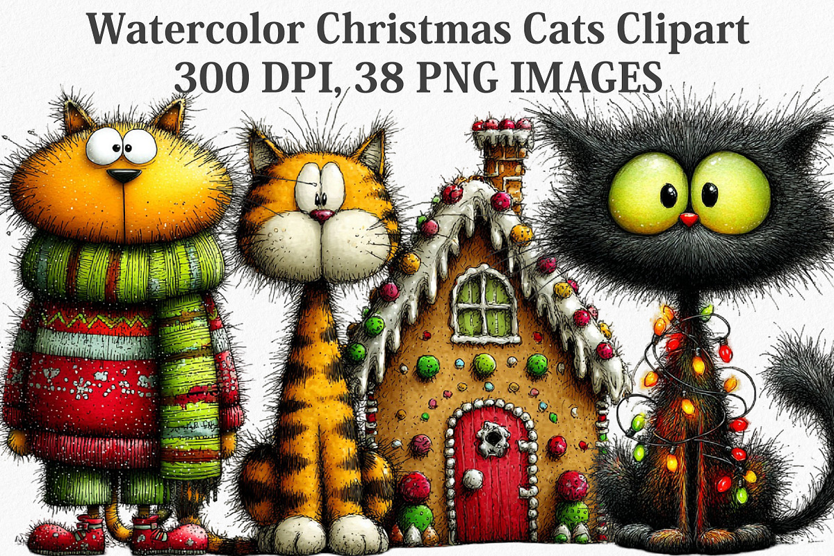 Watercolor Christmas Cats Clipart, an Illustration by Canvas Craft (Photo 1 of 7)