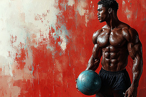 Muscular man holding medicine ball against abstract red and white background, a Photo by AS photostudio