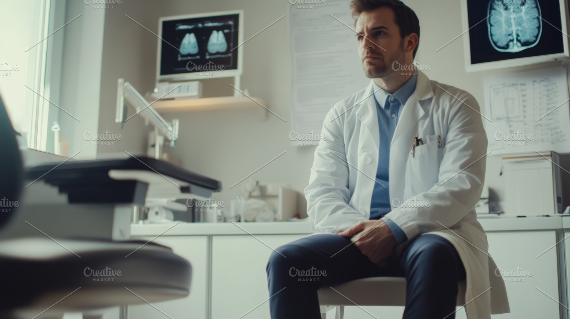Focused Doctor Analyzing Brain Scans in a Modern Medical Office, an Abstract Photo by Natalia Klenova's Shop