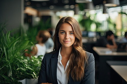 Smiling business girl in a modern op, a Photo by SaroStock