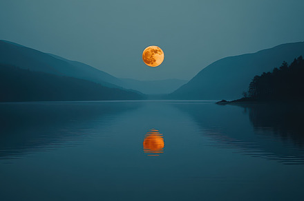 Full moon above a calm lake, its lig, a Background Photo by Pixeness