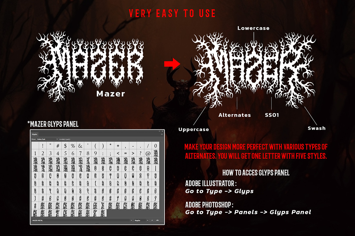 MAZER METAL – Death Metal Font, a Blackletter Font by Fonday Studio (Photo 8 of 8)
