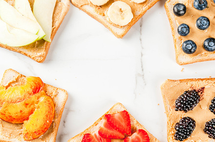 Toasts with peanut butter and berry containing sandwiches, peanut butter, and, a Food & Drink Photo by Rimma