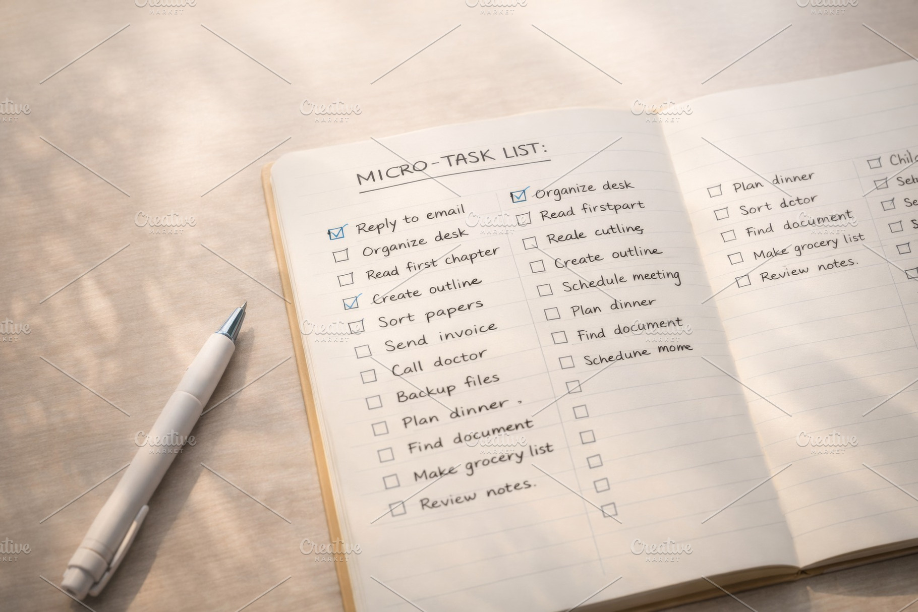 Micro-task list in open notebook shown with pen on desk, backgro, a Photo by Dvoevnore photos