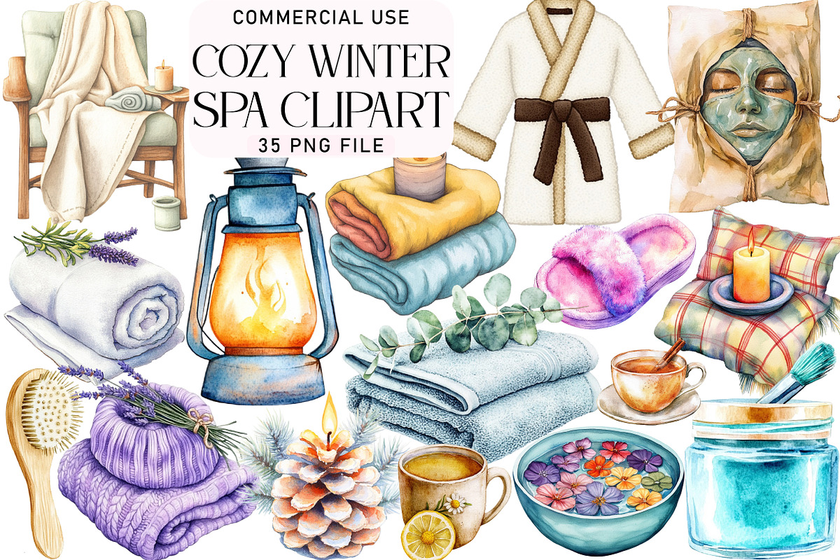 Cozy Winter Spa Watercolor Clipart, an Illustration by Daily.Designs (Photo 1 of 5)