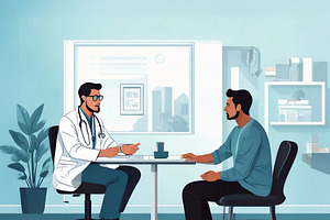 Doctor talking to a seated patient in a bright clinical office i, a Healthcare Illustration by DanFLCreativo
