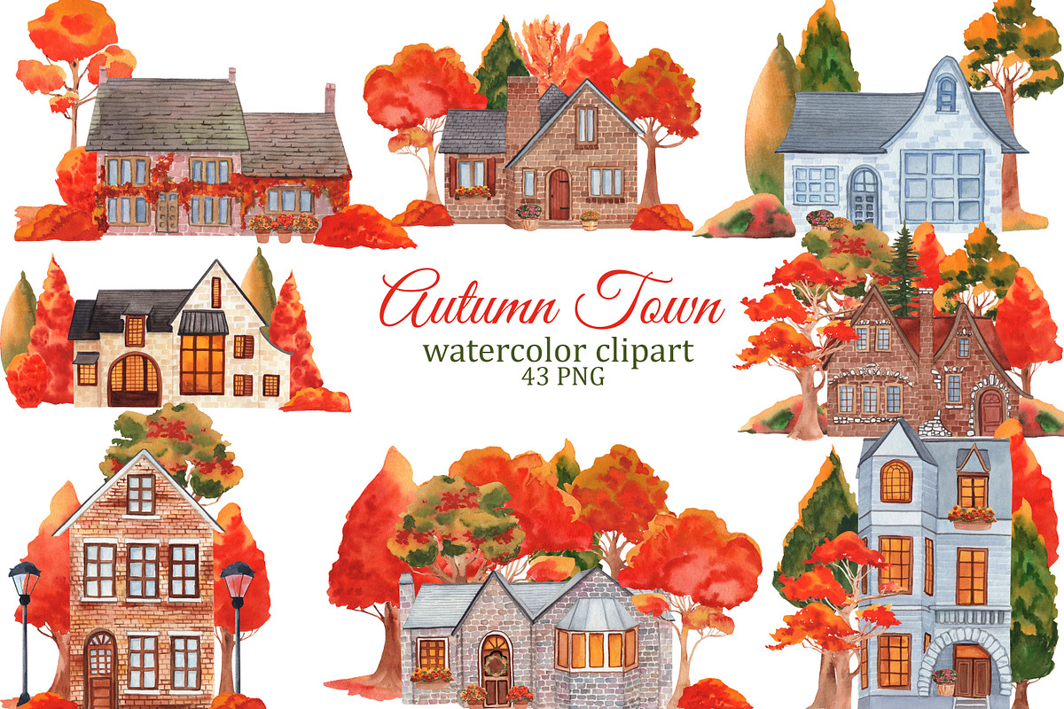 Watercolor autumn houses clipart, an Illustration by s.yanyeva (Photo 1 of 6)