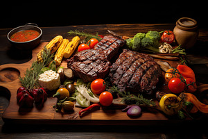 BBQ marinated meat with vegetables on wooden table, a Food & Drink Photo by AlyaAnd