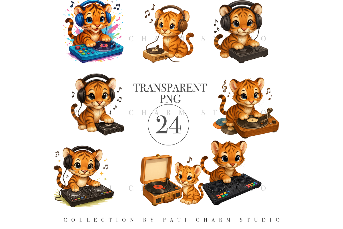 24 Cat DJ Clipart PNGs, an Animal Illustration by Pati Charm Studio (Photo 3 of 8)