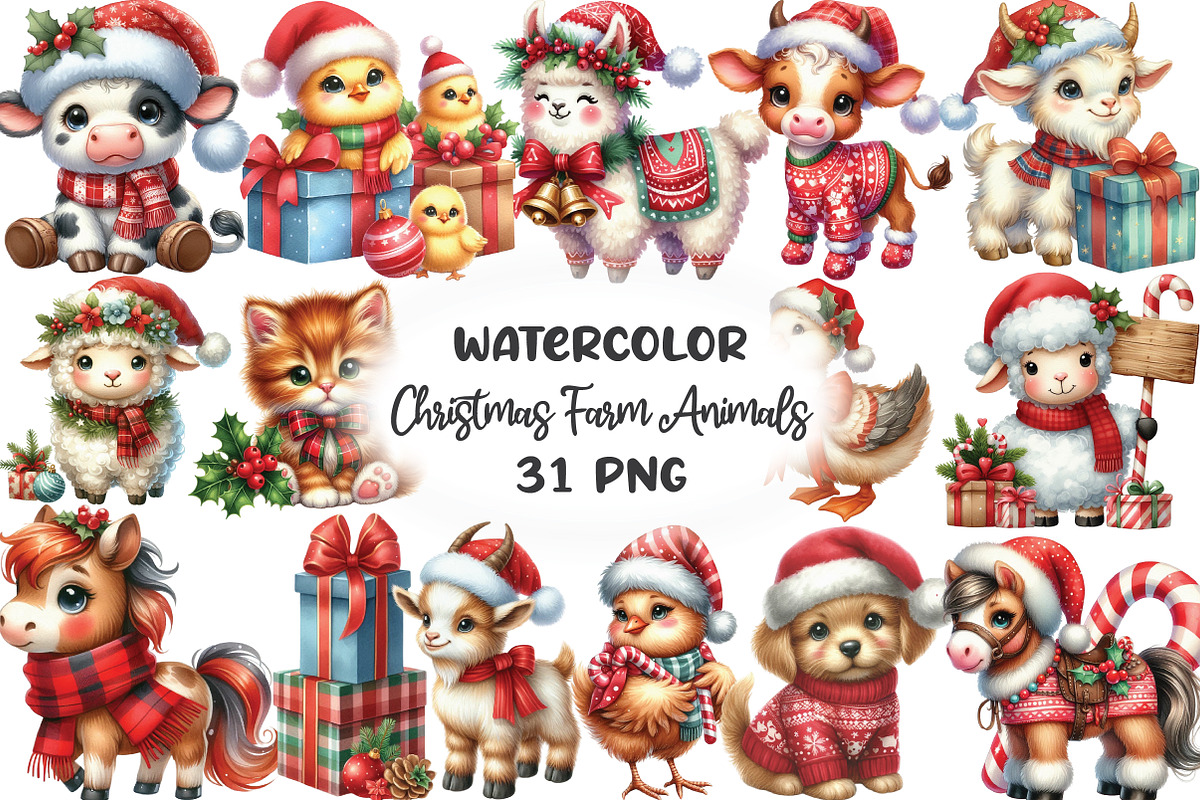 Cute Christmas Farm Animals Clipart, an Illustration by CraftArtStudio (Photo 1 of 6)
