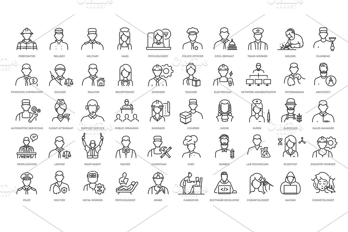Professions and Occupations icons, an Outline Icon by Tettygreen (Photo 1 of 2)