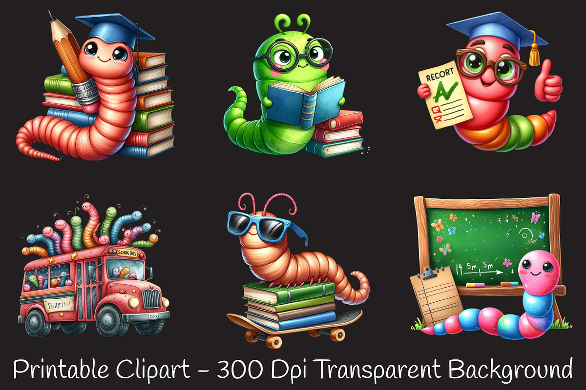 Kawaii School Worm Sublimation Png, an Illustration by RobertsArt (Photo 3 of 7)