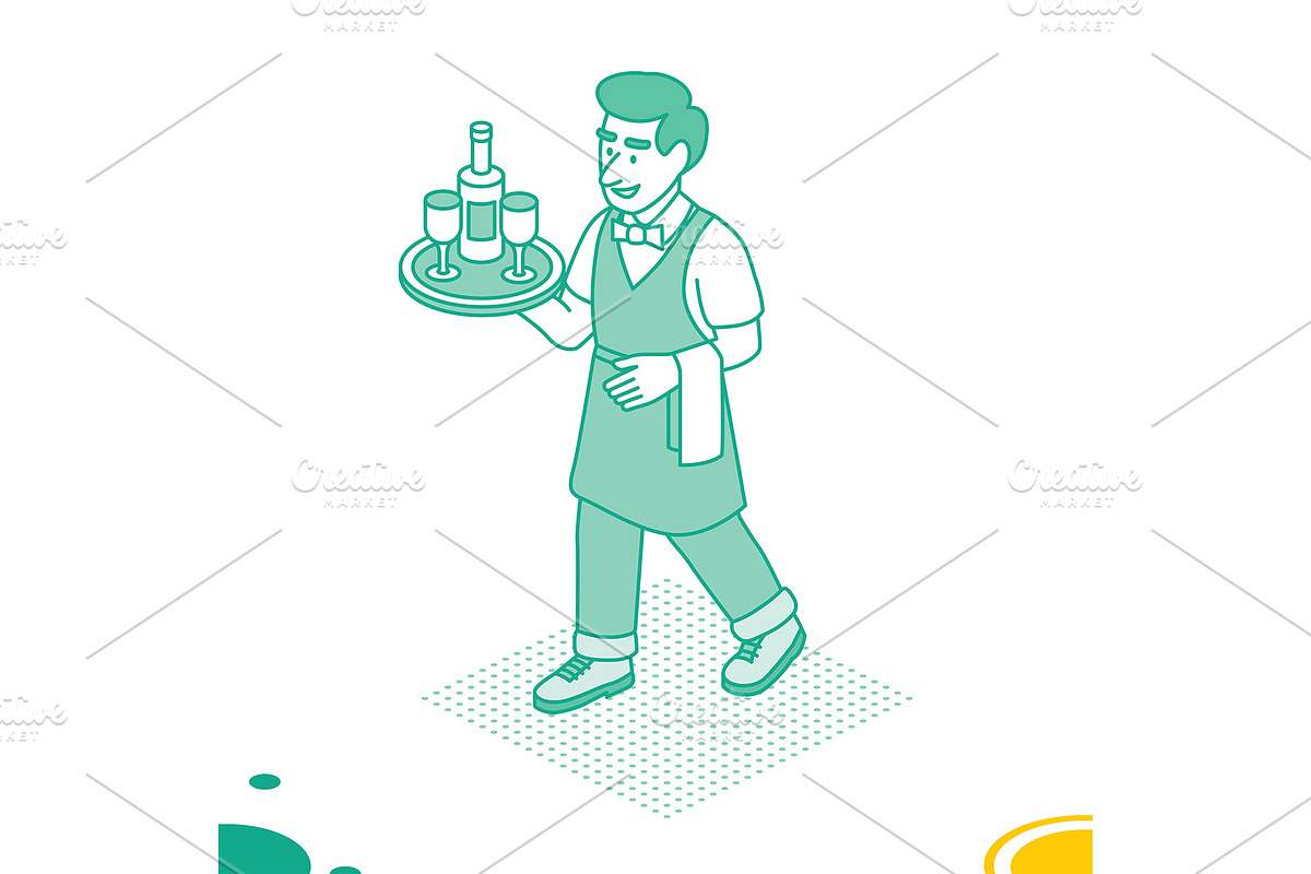 Smiling waiter. Isometric outline., a Person Illustration by Booblgum
