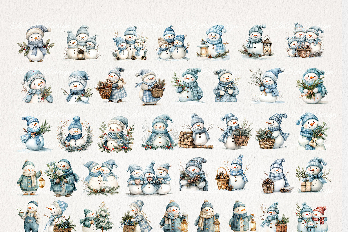 Blue Snowman Clipart 40 PNG, a Seasonal Illustration by EleSArtDesign (Photo 2 of 4)