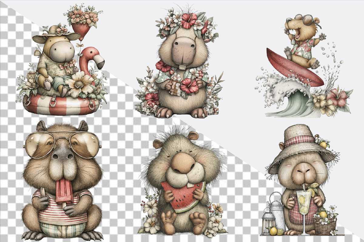 Summer Funny Capybara Clipart Bundle, an Illustration by SVGArt (Photo 2 of 9)