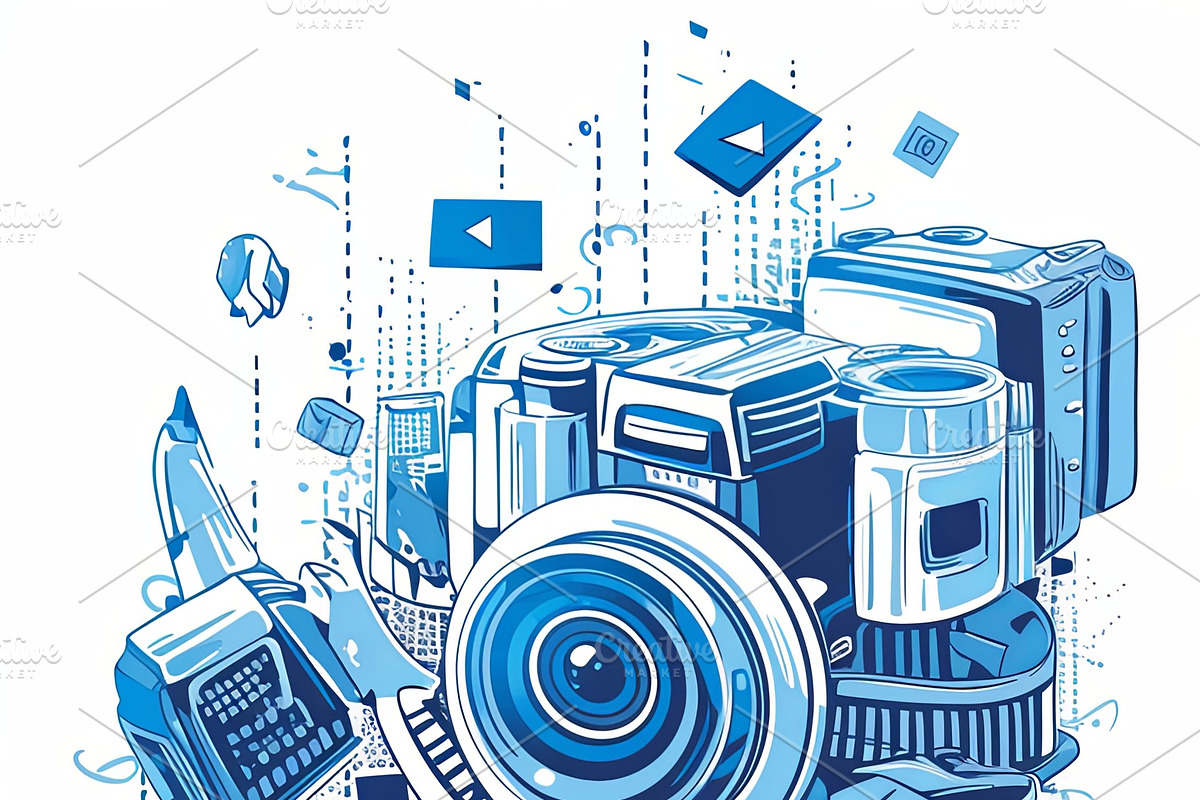 Stylized illustration of smartphone and camera with video content elements, an Illustration by AS photostudio