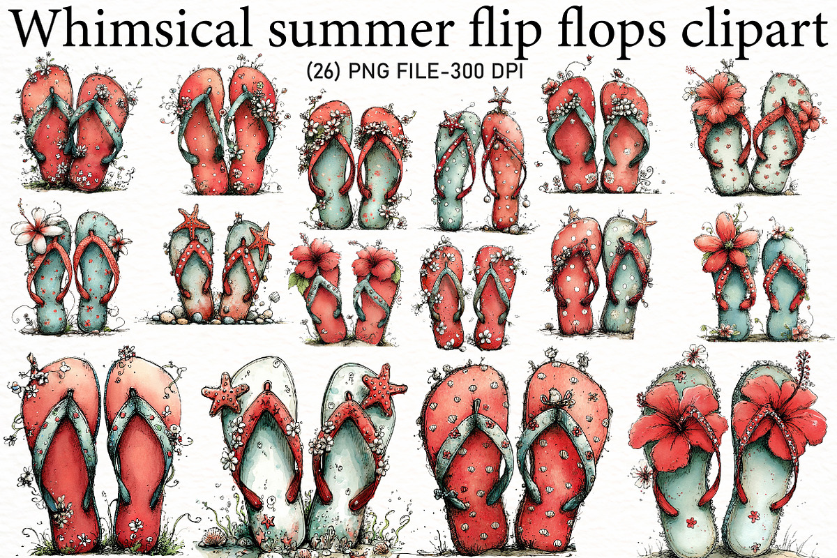 whimsical summer flip flops clipart, an Illustration by Designworld (Photo 1 of 6)
