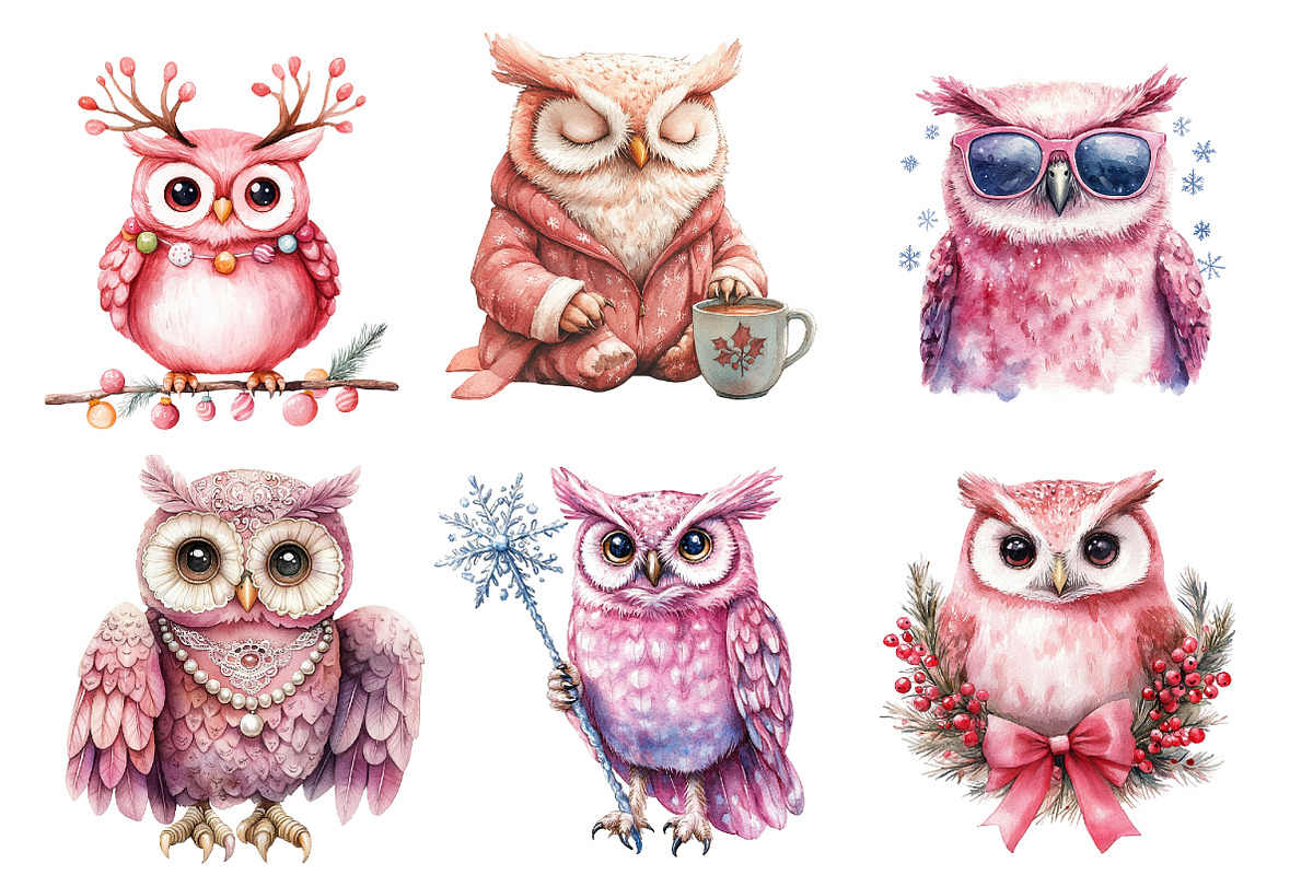 Christmas Owl Watercolor Clipart, an Illustration by Dream Creation (Photo 5 of 8)