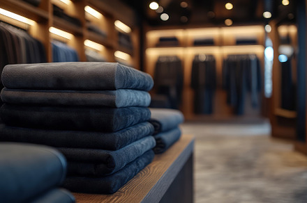 A stylish display of neatly folded dark jeans in a modern clothing store, showc, a Background Photo by ImageMir