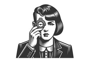 Vintage Woman Examining Eye Through, a Person Illustration by AlexArt