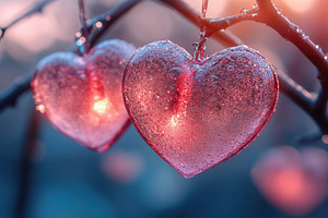 Glowing heart decorations hang from, a Photo by Tanuart