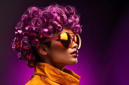 Black woman with luxury sunglasses isolated on a purple background, a Person Photo by ImageMir