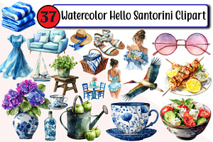 Watercolor Hello Santorini Clipart, an Illustration by Design Market